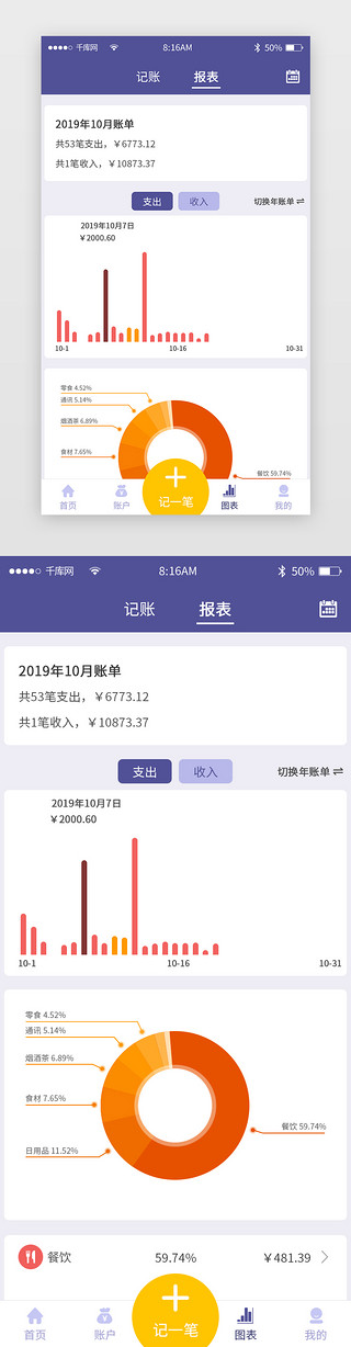 上半年收入支出总结报告UI设计素材_深蓝简约记账app主界面