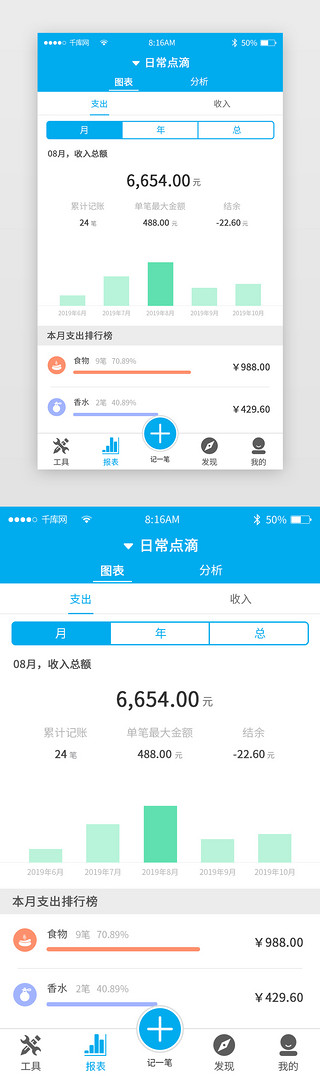 负债表UI设计素材_蓝色简约记账app主界面