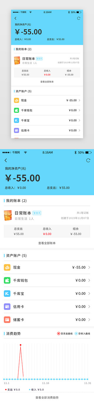 消费支出UI设计素材_蓝色简约记账app详情页