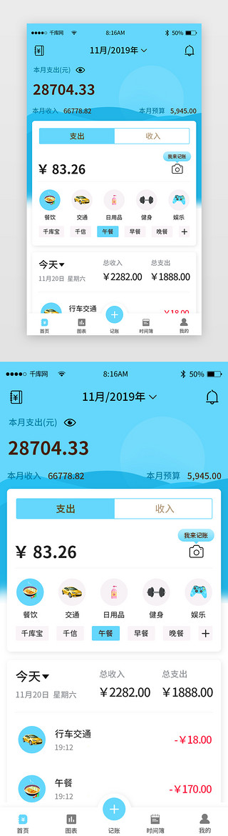 上半年收入支出总结报告UI设计素材_蓝色简约记账app主界面