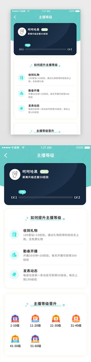 lv等级UI设计素材_蓝色简约视频直播主播等级app详情页