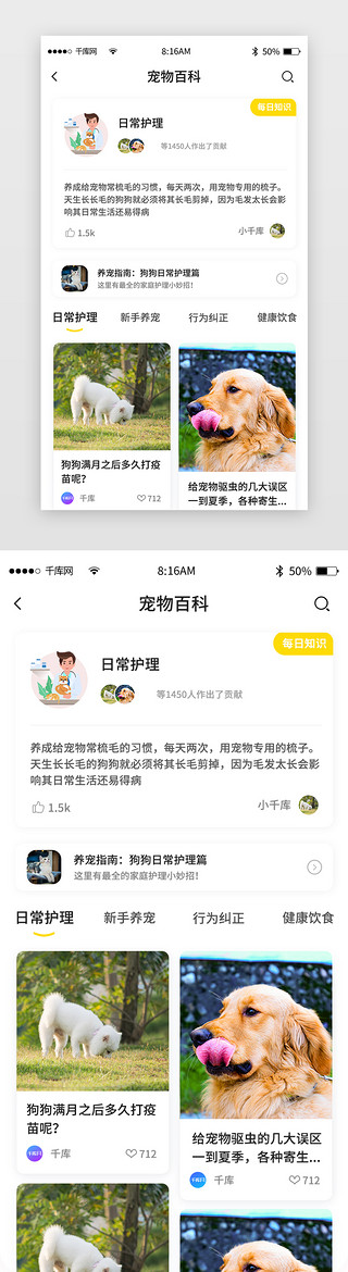 护理护理UI设计素材_黄色简约宠物平台app详情页