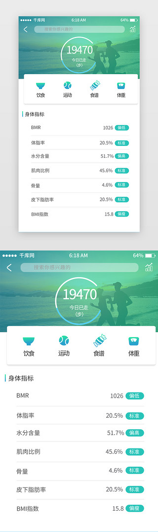 古人身体UI设计素材_绿色渐变运动健身app身体指标