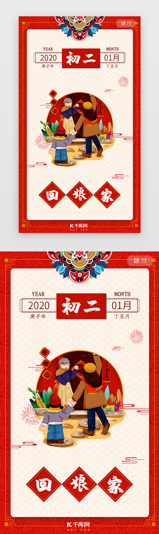 红色新年快乐海报UI设计素材_红色大年初二系列闪屏年俗