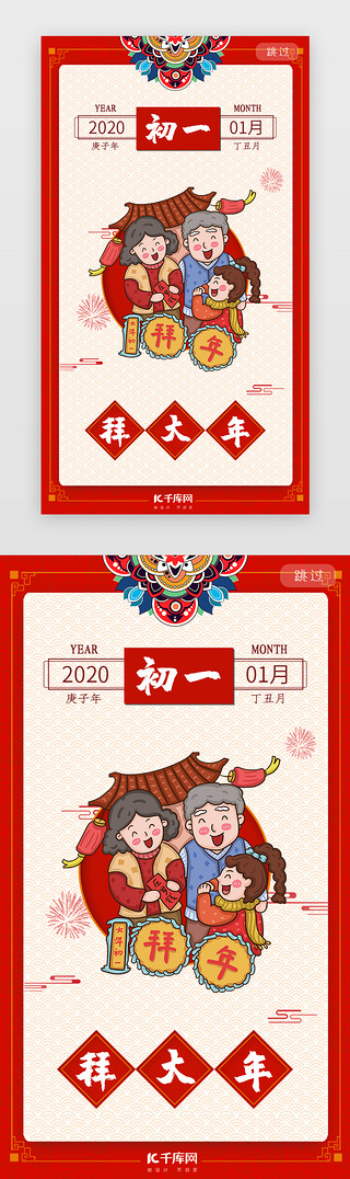 红色新年快乐海报UI设计素材_红色大年初一系列闪屏年俗