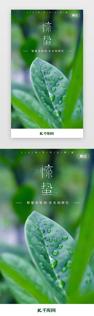 水彩绿叶花卉UI设计素材_绿色小清新二十四节气惊蛰app闪屏引导页