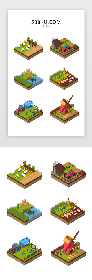 荷兰牧场UI设计素材_3D牧场板块地图游戏icon