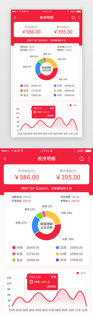 账务明细UI设计素材_红色系理财app投资明细详情页