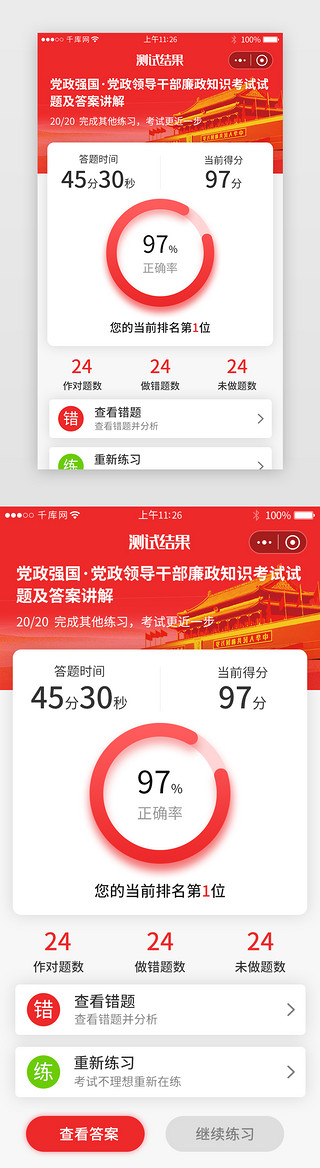 考试UI设计素材_党政小程序测题结果详情页