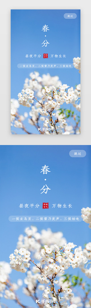 清新、UI设计素材_二十四节气之春分闪屏、引导页小清新蓝色樱花