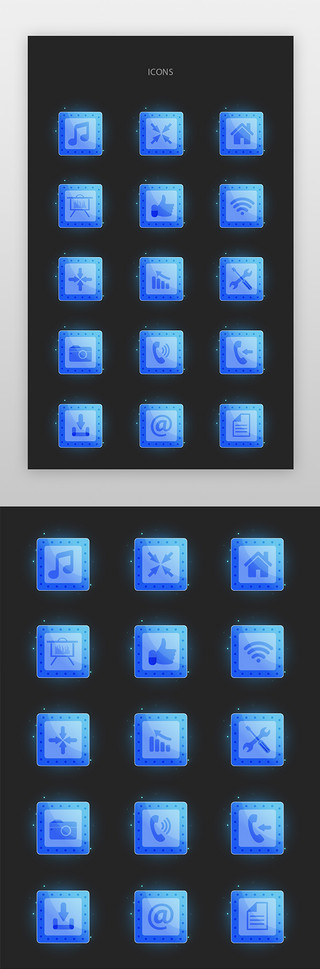 科技感蓝色渐变UI设计素材_音乐、相机、短信图标科技感蓝色音乐、相机、短信