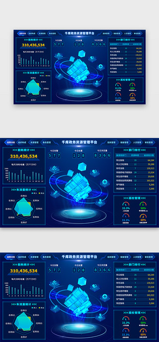 可视化仪表UI设计素材_数据可视化城市治理科技风蓝色、蓝绿色数据可视化