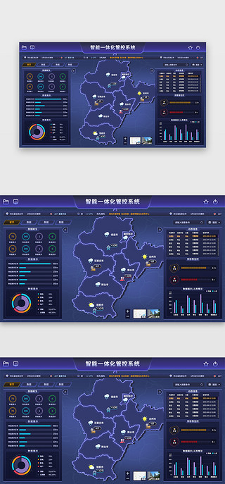 图表大全UI设计素材_政务可视化大屏科技渐变紫色 蓝色地图 图表
