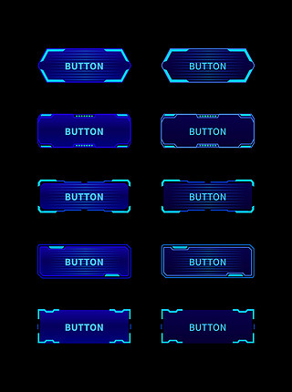 蓝色科技感框UI设计素材_游戏、质感通透按钮按钮科技感、工业、几何、机械蓝色、暗黑按钮、游戏按钮