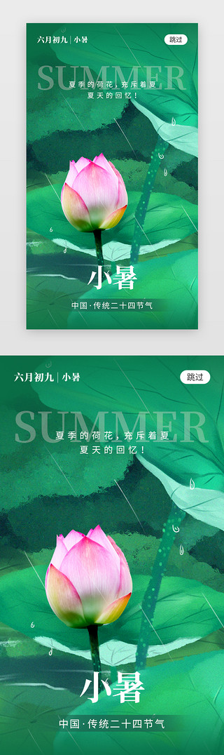 小暑创意海报UI设计素材_二十四节气小暑app闪屏创意绿色荷花包