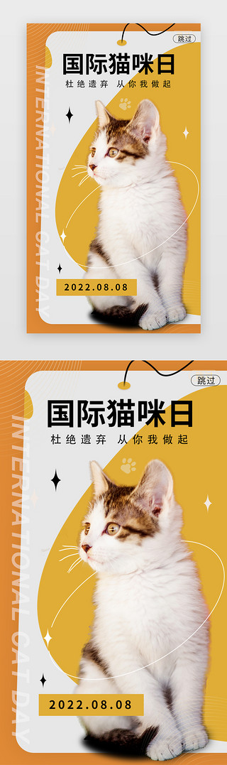 猫咪看UI设计素材_国际猫咪日闪屏简约黄色猫