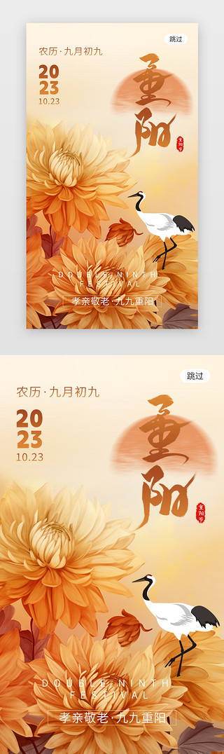 灰白菊花UI设计素材_重阳节app闪屏创意黄褐色菊花