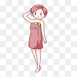 手绘卡通美容裹浴巾的女孩