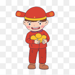 新年卡通手绘人物抱元宝男孩