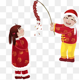 新年喜庆放鞭炮卡通手绘双人过新年场景