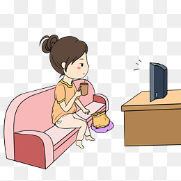 宅在家看电视的女生手绘插画
