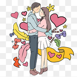 情人节粉色爱心情侣拥抱手绘插画