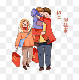 卡通手绘春节习俗初二回娘家