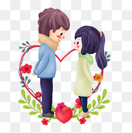 手绘春天约会情侣png图