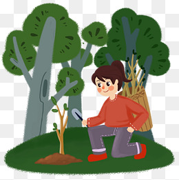 植树节女孩树林种植树苗手绘人物png