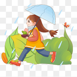谷雨在叶子下躲雨的小女孩