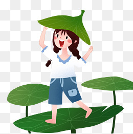 拿着叶子挡雨的女孩