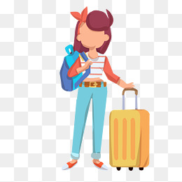黄色拉杆箱旅行女孩插画