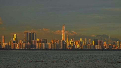 实拍远眺深圳湾城市地标夕阳光辉