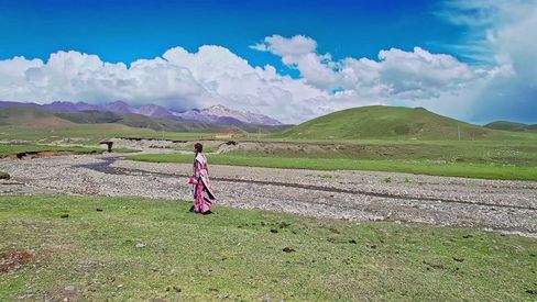 航拍晴朗天气藏族女孩游走草原