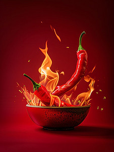 红色背景中着火的新鲜红辣椒