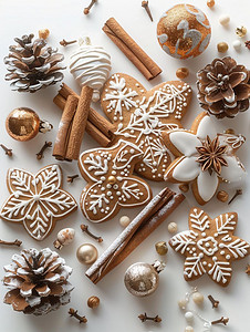 新品上市动图摄影照片_圣诞组合物配有姜饼、圣诞玩具、松果和香料