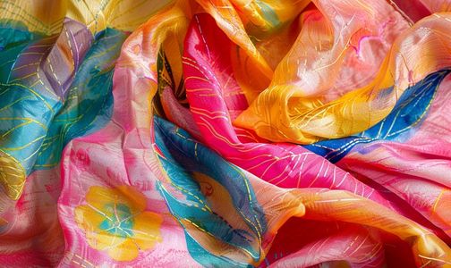 装饰彩绘摄影照片_用紧握的彩绘丝绸蜡染缝制而成的围巾