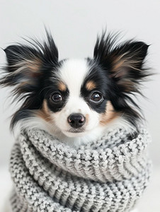 围巾可爱摄影照片_浅色背景中戴着灰色针织围巾的可爱巴比龙小狗的肖像