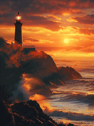 晚霞夕阳下的海边灯塔