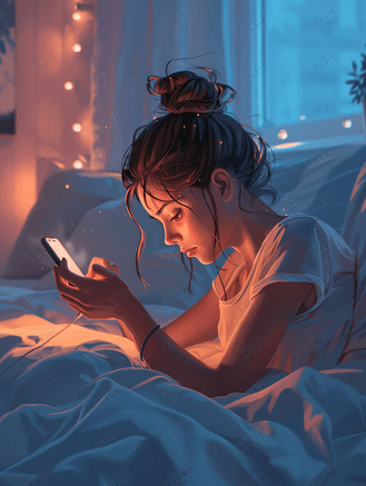 深夜睡前躺着玩手机的女生