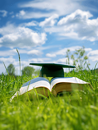 接触世界图片素材_大学草地上的书本证书学士帽