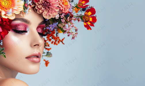 花艺沙龙摄影照片清新花艺创意妆面美女侧脸