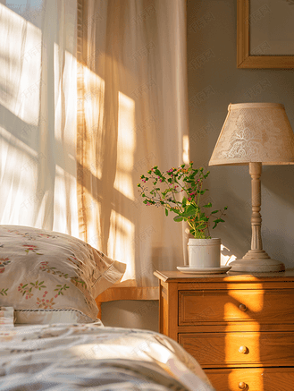 清晨阳光洒进卧室床头柜