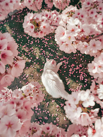 樱花树下白色的猫图片