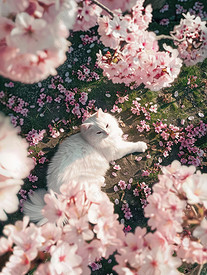 樱花树下白色的猫高清摄影图