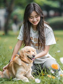 女人在公园跟狗狗玩高清图片