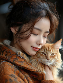 女人抱着一只可爱的猫高清摄影图