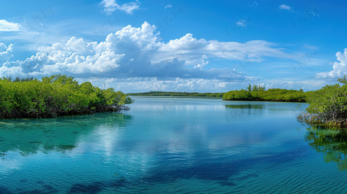 蓝色淡水河口全景图片