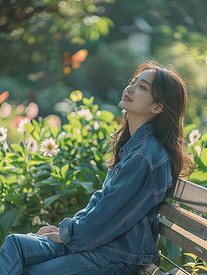 女孩坐在长椅上享受阳光高清图片