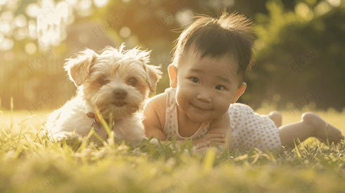 草坪上的婴儿和狗狗摄影10